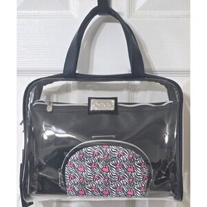 Bebe 3pc Clear/Black/Pink Hearts Cosmetic Bags w/2 bottles NWT